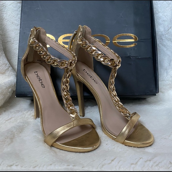 BEBE GOLD “SHIREEN” HEELS WITH GOLD CHAIN-LINK - Picture 2 of 11